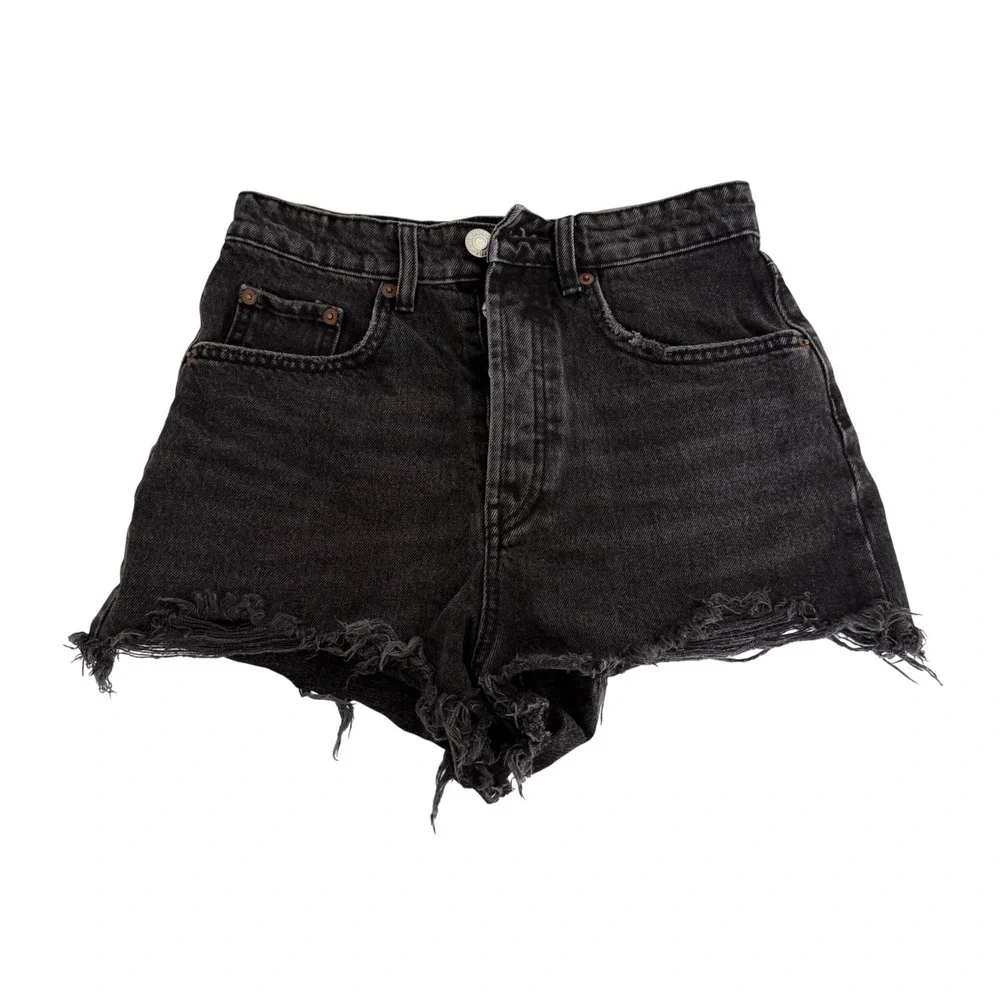 Zara Womens High Waisted Distressed Denim‎ Shorts Black Button Fly Size 2